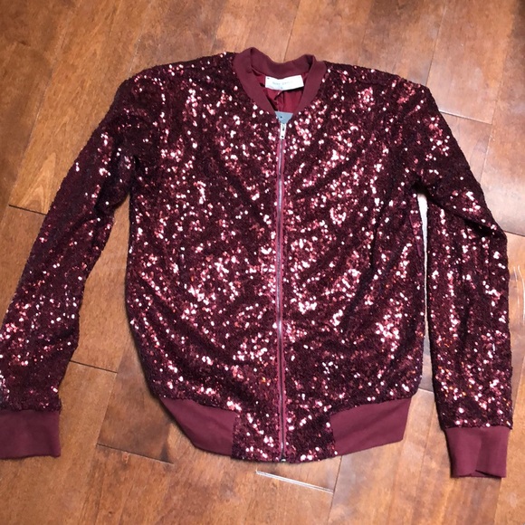 Burgundy Sequinned bomber jacket - Picture 1 of 2